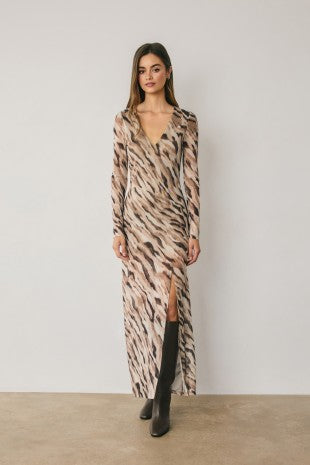 Animal Mesh Plunging Maxi Dress