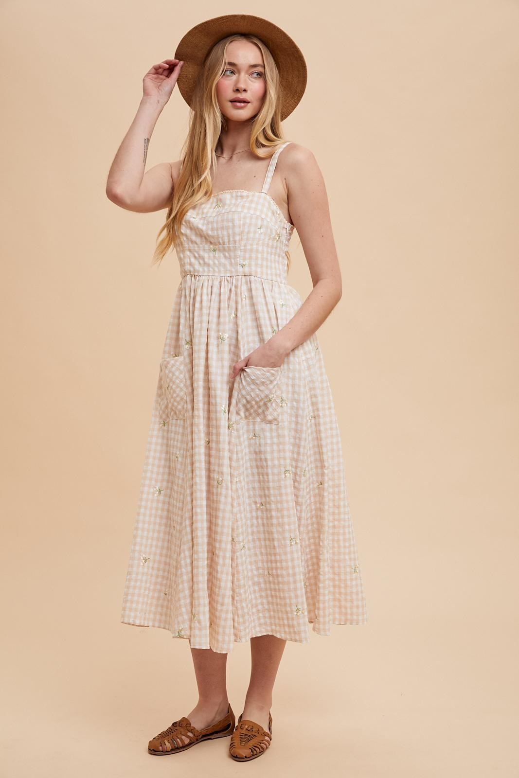 GINGHAM EMBROIDERED MAXI DRESS