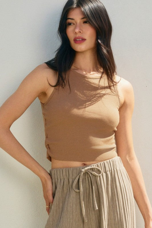 Tan Ruched Side Cropped Tank Top