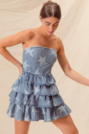 Strapless Vintage Star Denim Tiered Dress