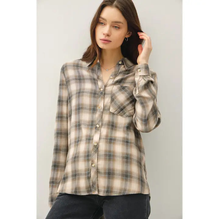 Charcoal and Ivory Plaid Flannel Shirt
