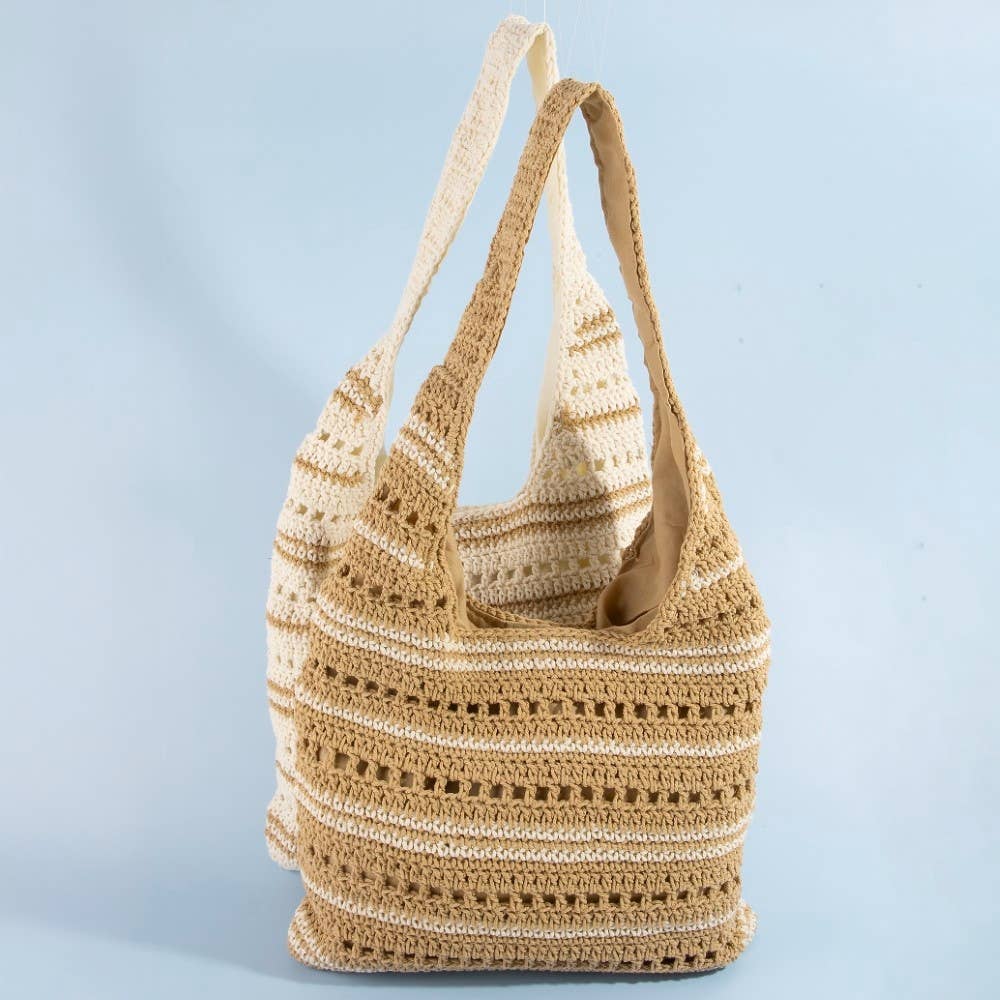 Two Tone Stripe Straw Tote Bag