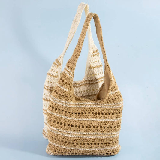 Two Tone Stripe Straw Tote Bag