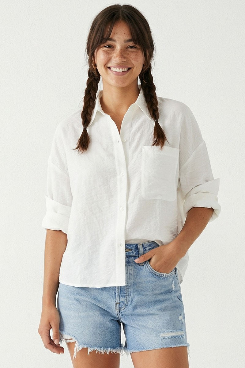White Linen Blend Rolled Sleeve Shirt