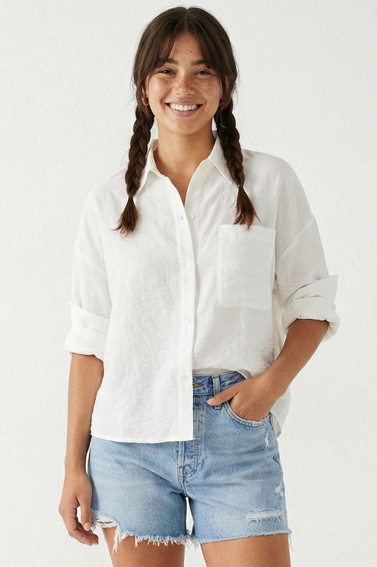 White Linen Blend Rolled Sleeve Shirt