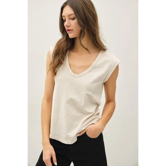 Stone Cap Sleeve Garment Dyed Top