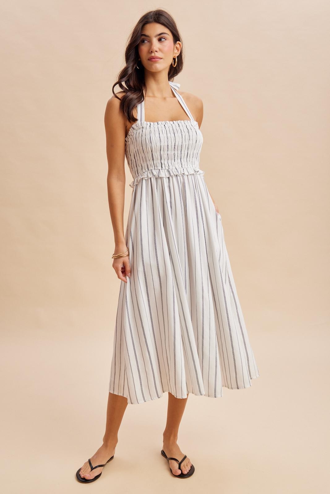 White Stripe Halter Midi Dress