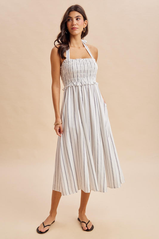 White Stripe Halter Midi Dress