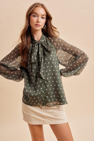 Sage Polka Dot Tie Neck Blouse