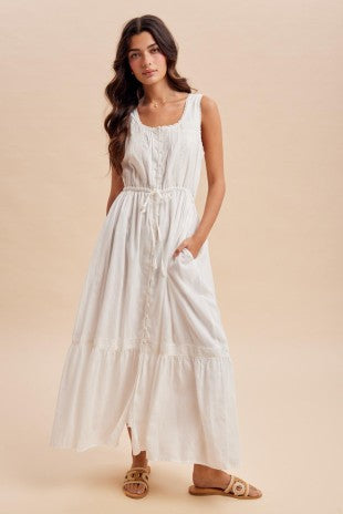 White Lace Button Down Maxi Dress