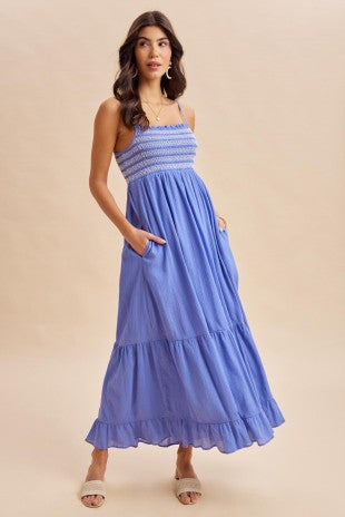 Blue Contrast Smocked Maxi Dress