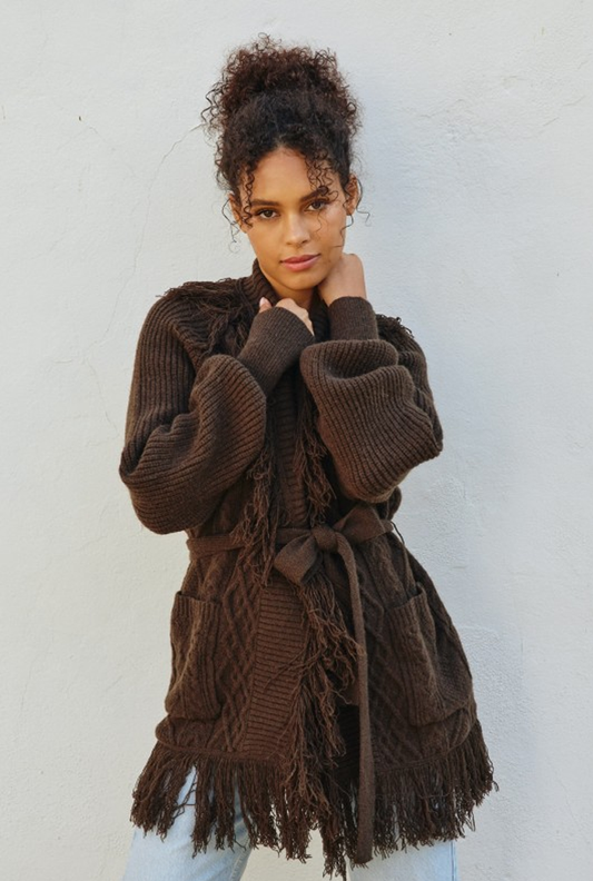 Espresso Cable Knit Fringe Cardigan