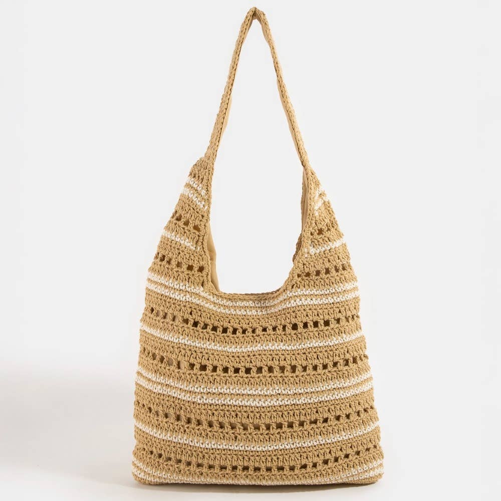 Two Tone Stripe Straw Tote Bag