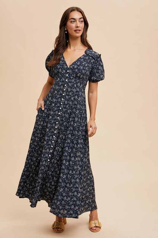 Navy Floral Button Down Dress
