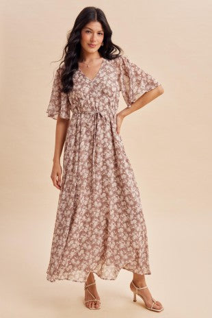 Mauve Flutter Sleeve Floral Maxi Dress