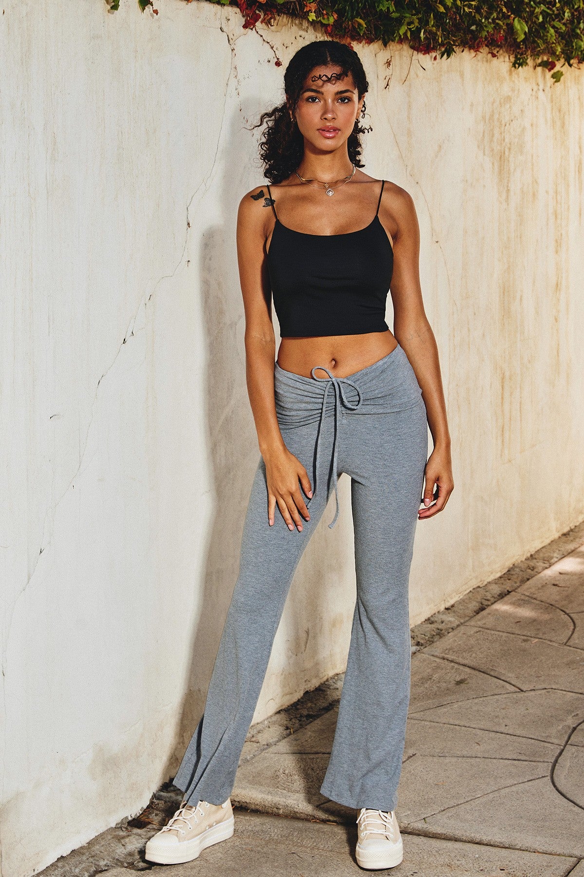 Gray Ribbed Knit Flared Pants
