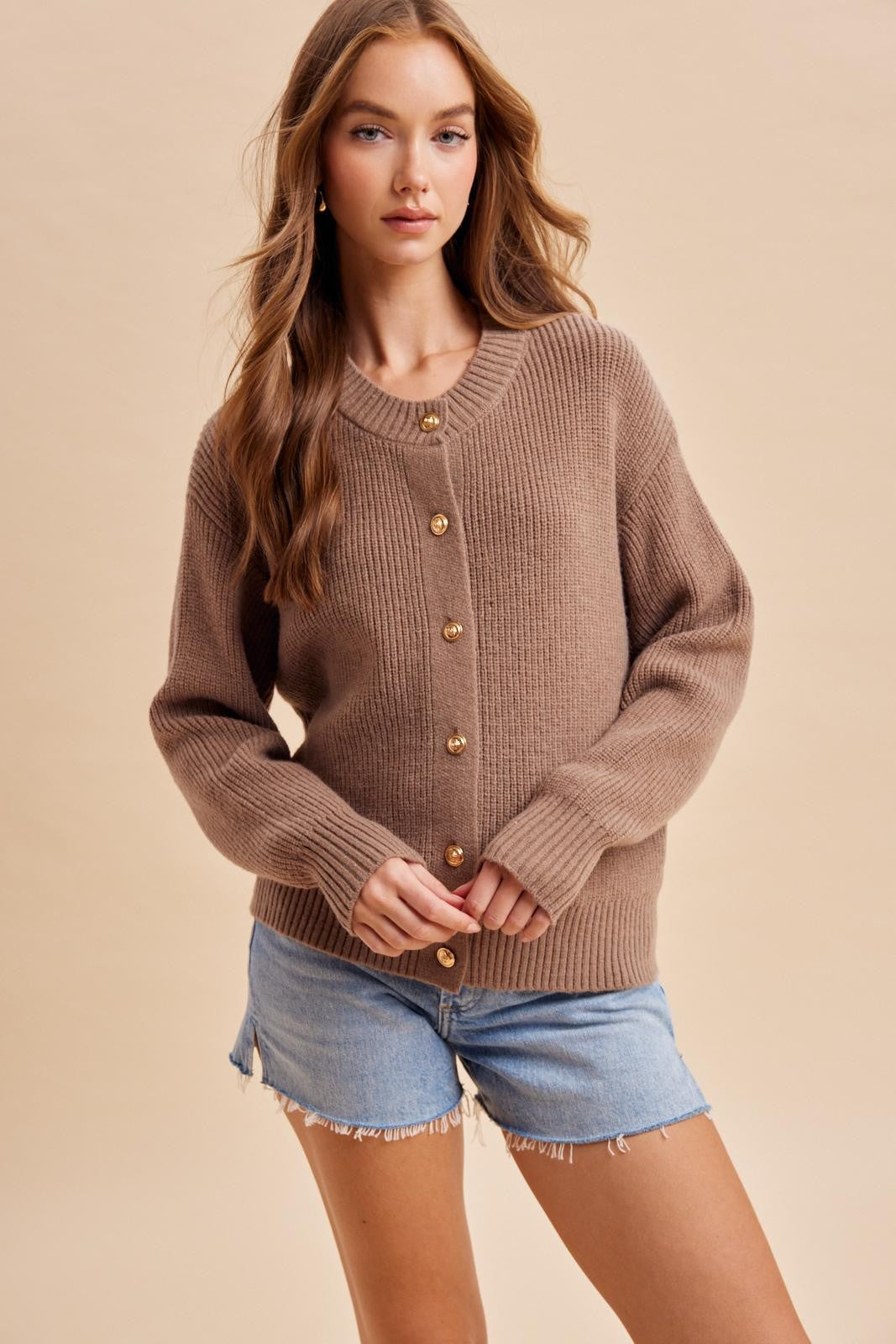 Mocha Gold Button Knitted Cardigan