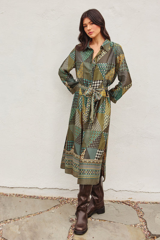 Mixed Green Satin Shirt Dress