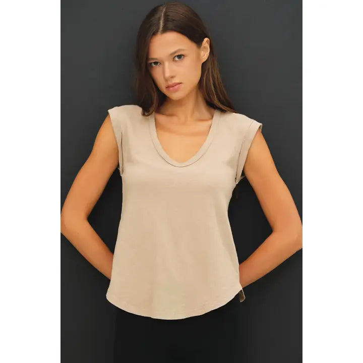 Tan Cap Sleeve Garment Dyed Top
