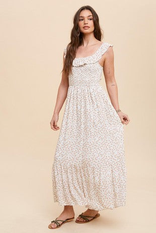 SMOCKED BODICE FLORAL MAXI DRESS