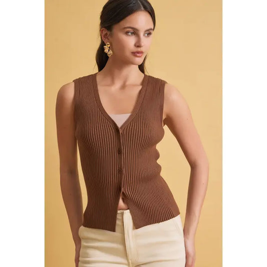 Coco Ribbed V-Neck Button Up Vest
