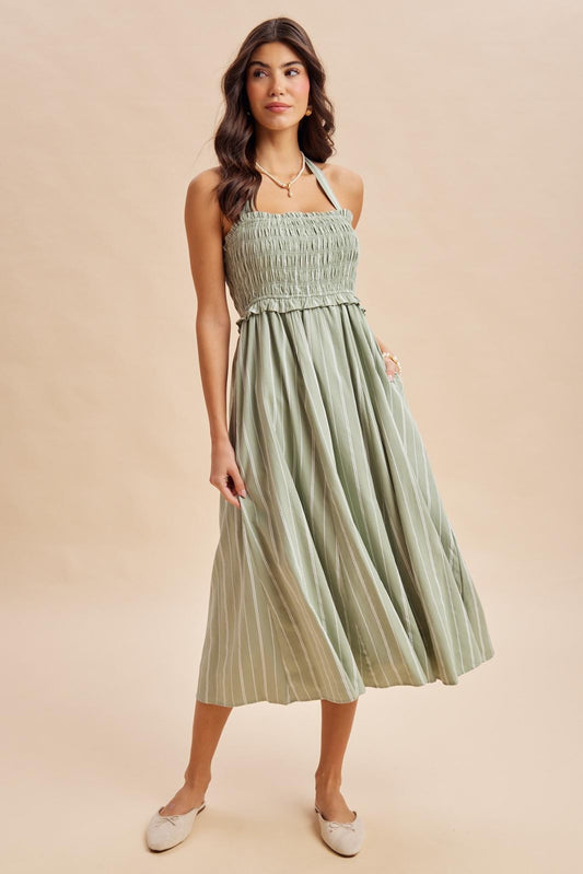 Sage Stripe Halter Midi Dress