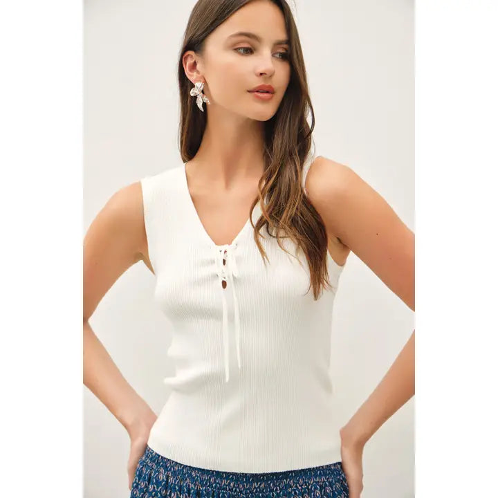 White Tie V-Neck Ribbed Tank Sweater