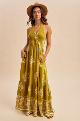 Moss Smocked Border Print Maxi