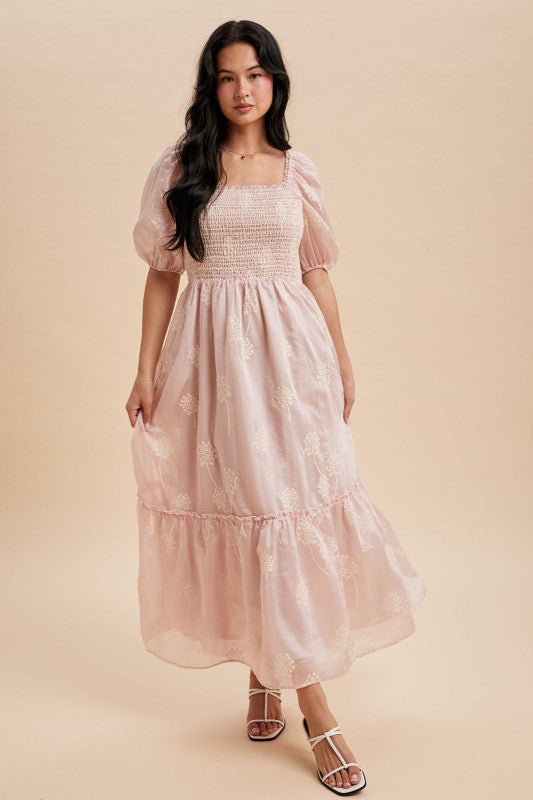Pink Embroidered Smocked Maxi Dress